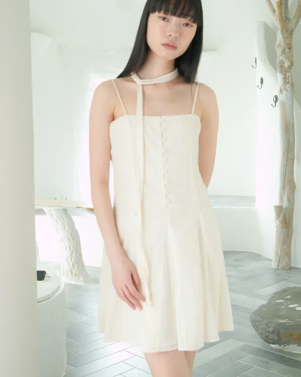 flétta 112 Sleeveless Button Mini Dress_Cream