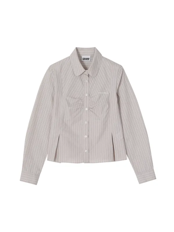 SHIRRING PLEATS STRIPED SHIRT_BEIGE