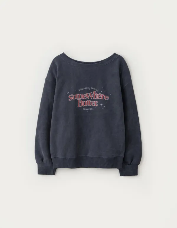 Wave Logo One Shoulder Sweatshirt - Vintage Blue