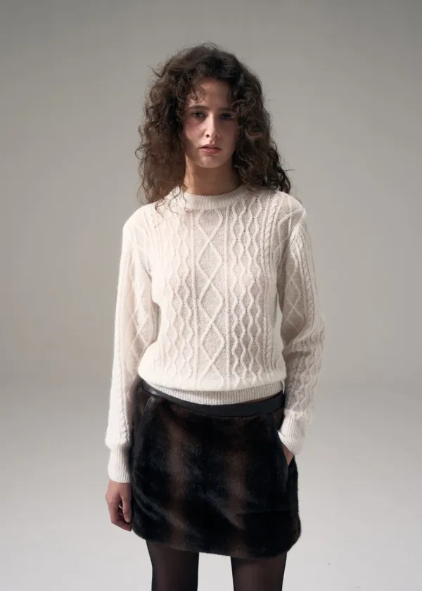 W SHEER WOOL MOHAIR CABLE SWEATER - WHITE