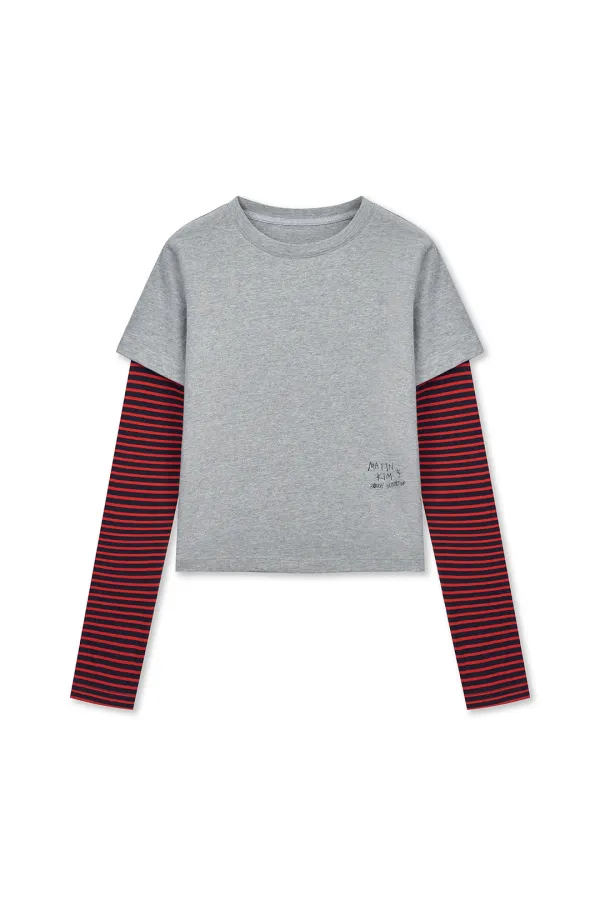 GRAFFITI LOGO STRIPE LAYERED TOP IN GREY