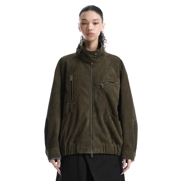 Tie-Detail Suede Jumper [ Brown ]