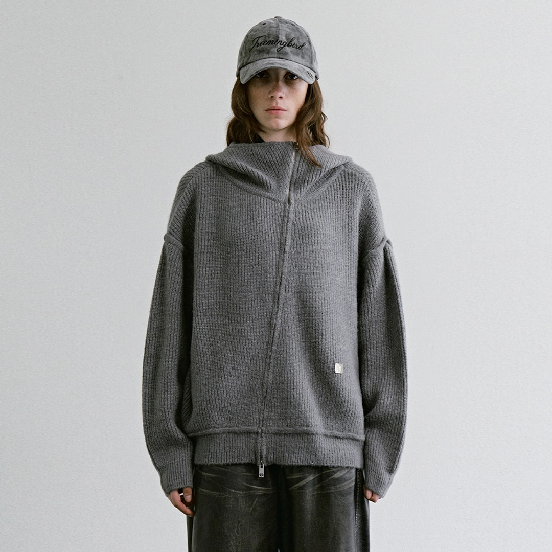 트리밍버드 Diagonal Zip-up Knit Hoodie [ Gray ] 상품 이미지 2