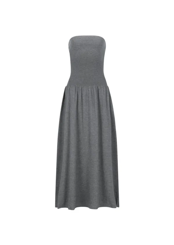 Ribbed shirring knit maxi dress, Grey