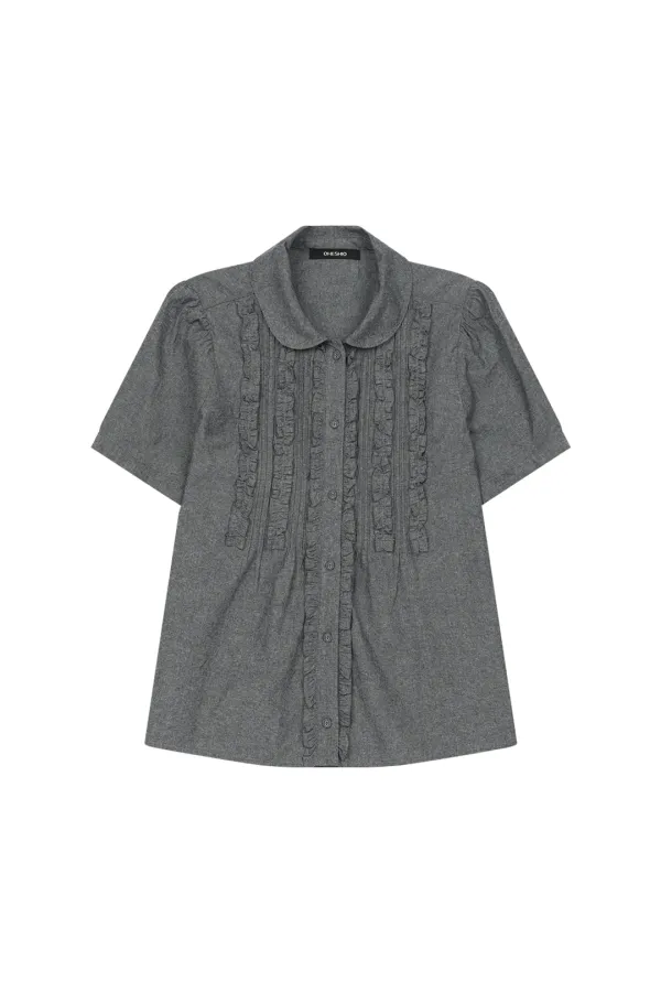 ROUND COLLAR FRILL BLOUSE, DENIM