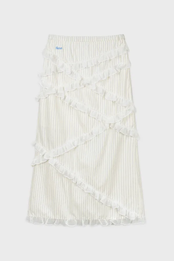Chiffon Frill Stripe Long Skirt (Ivory)