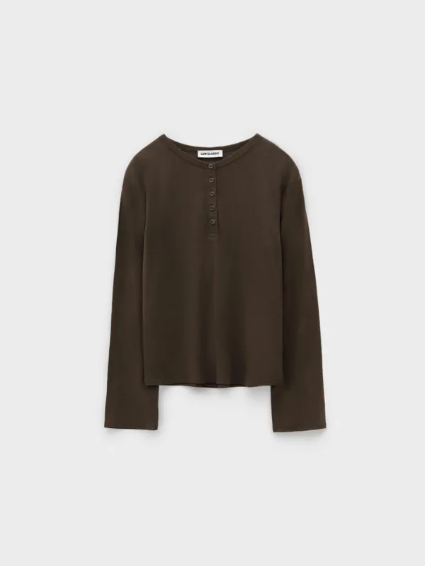 Henley Neck Cotton Long Sleeve T-Shirt_Khaki Brown