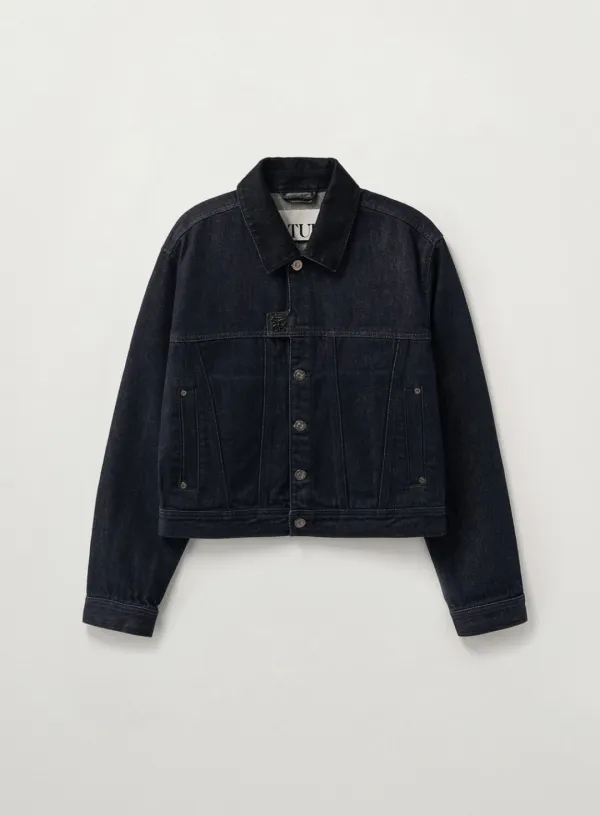 (W) Symbol Brooch Velvet Collar Denim Trucker Jacket - Indigo