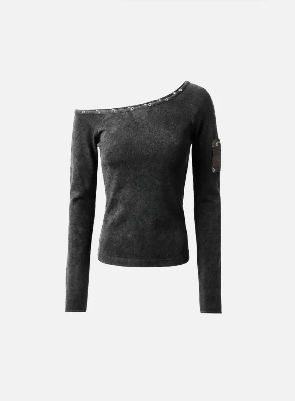 [w-tee26-012] Viper Cotton Rib Asymmetric Top - Black