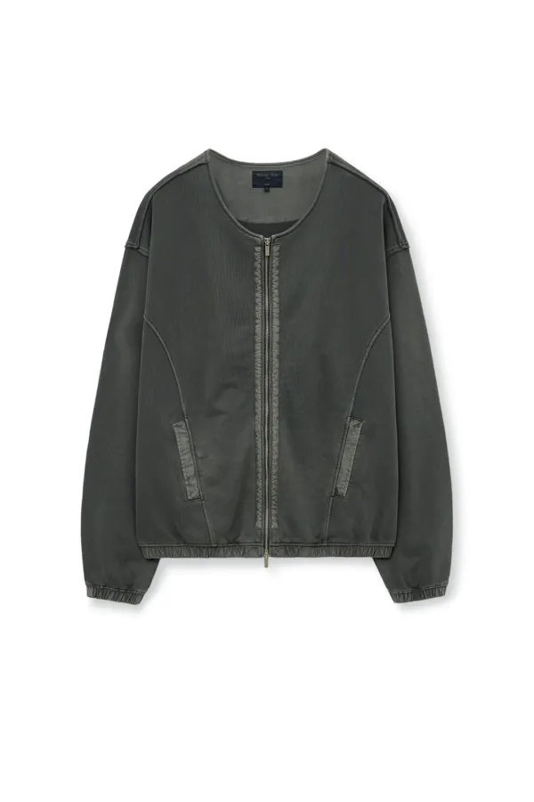 PIGMENT DYED COLLARLESS ZIP UP JUMPER FOR MEN IN CHARCOAL