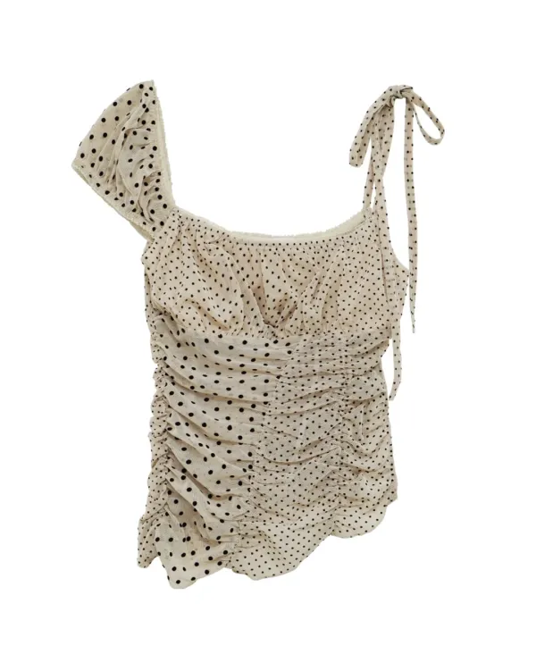Unbalance Dot Shirring Top (Beige)