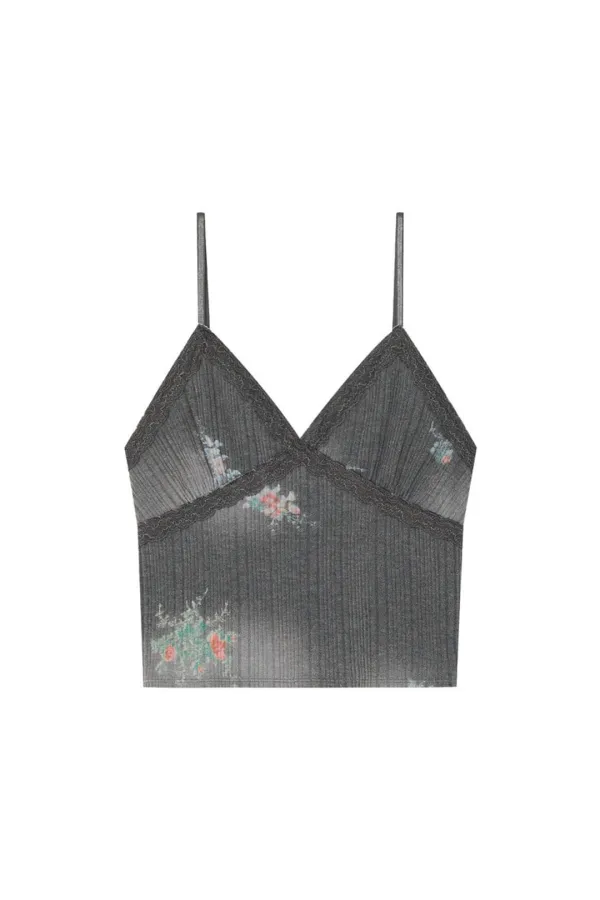 FLORAL LACE RIBBED CAMI TOP (CHARCOAL)