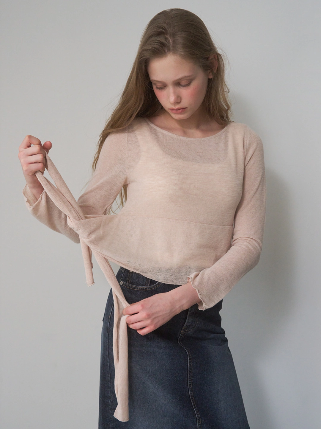 어몽 A BOAT-NECK TIE T-SHIRT_BEIGE 상품 이미지 3