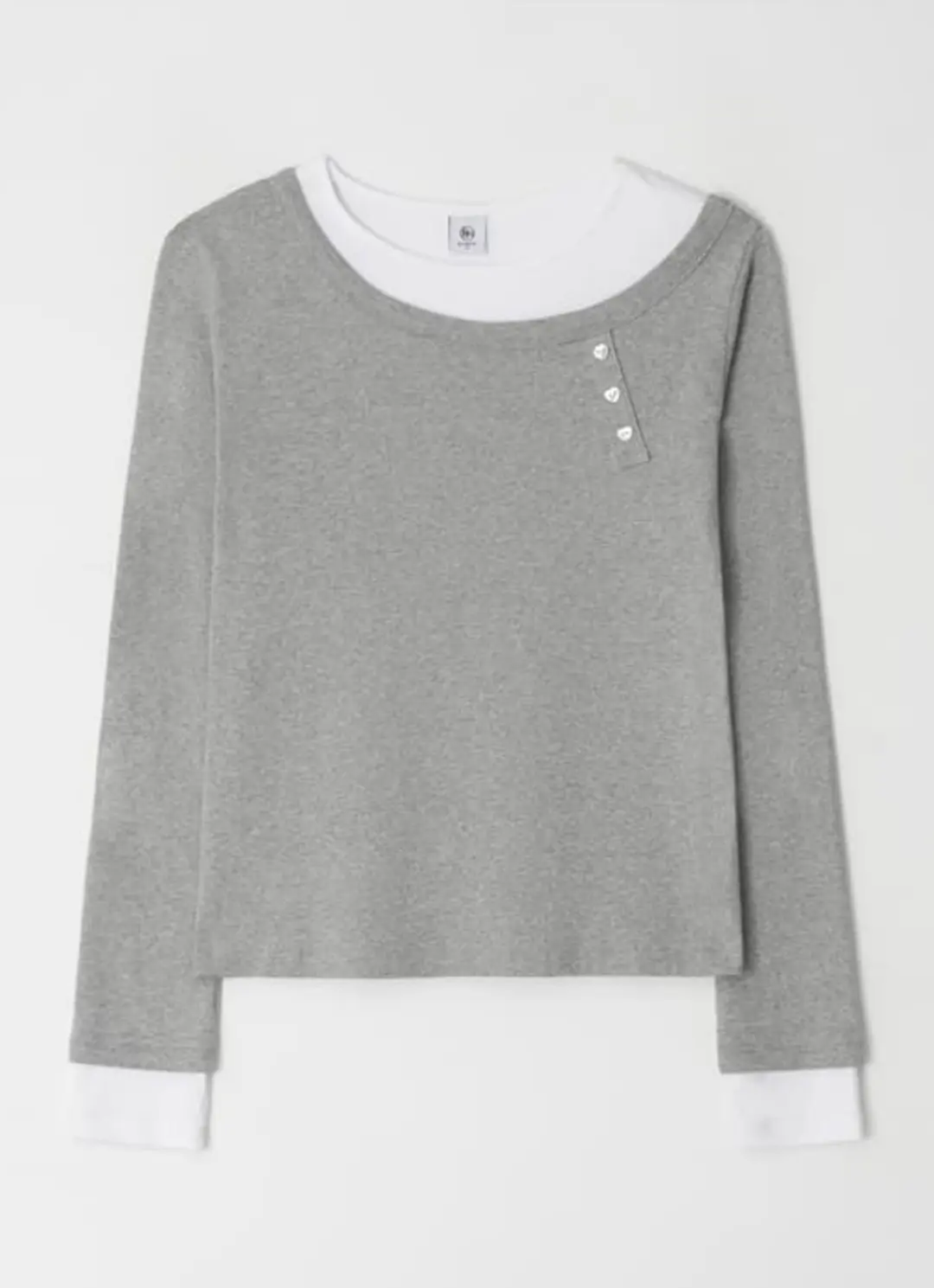 론론 UNBALANCE HEART BUTTON LAYERED T SHIRT GREY 상품 이미지 1