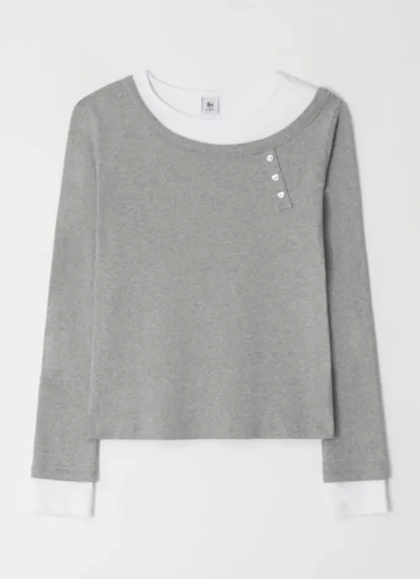 UNBALANCE HEART BUTTON LAYERED T SHIRT GREY