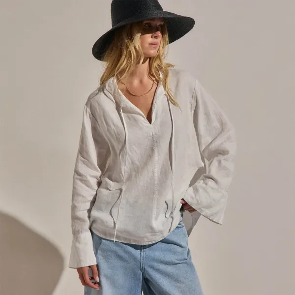 Linen Tie Front Tunic Top - White