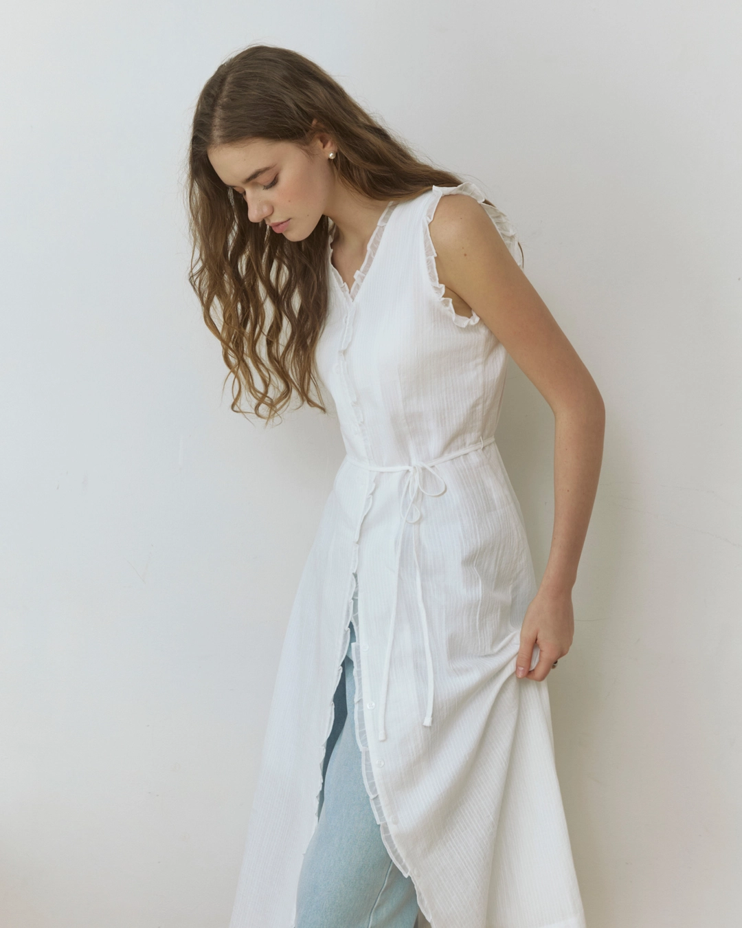 어다울 Lace frill line jacquard long dress - white 상품 이미지 2