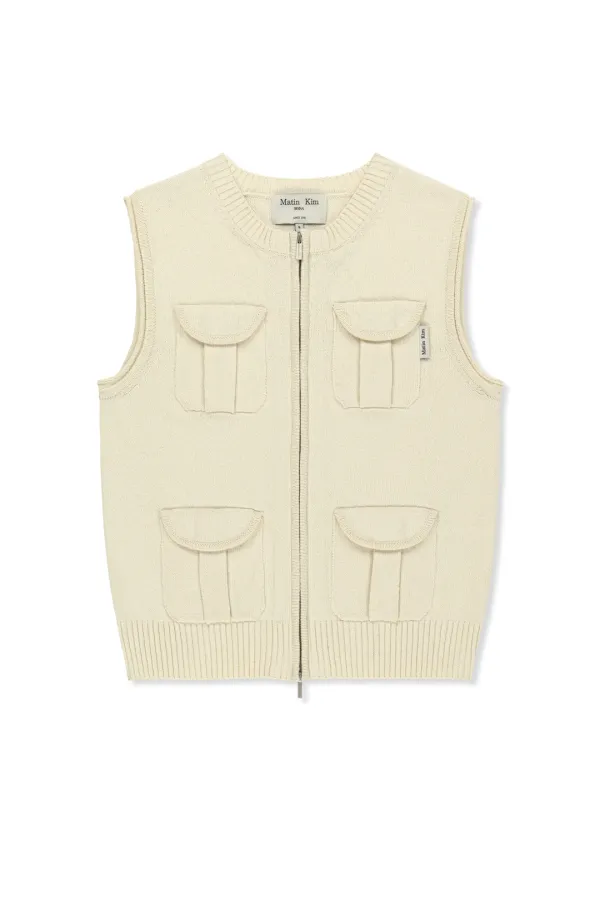 POCKET WASHED KNIT VEST IN LIGHT BEIGE