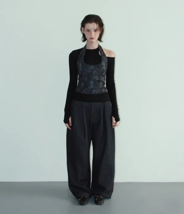 DOUBLE BELT PIN TUCK WIDE PANTS (BLACK INDIGO)
