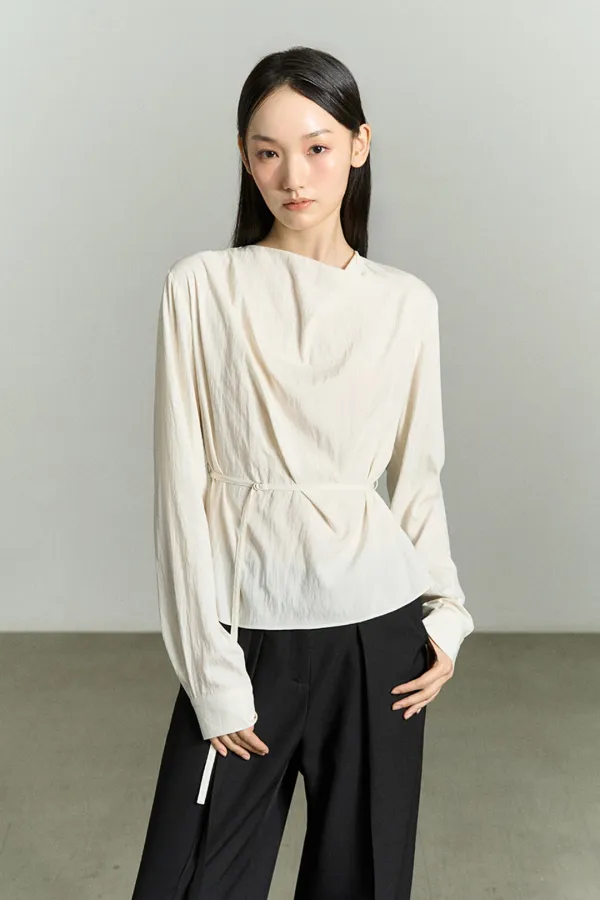 DRAPED NECK BELTED BLOUSE