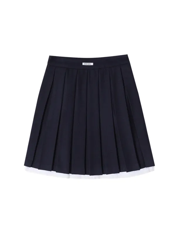 LAYERED WOOL PLEATS SKIRT_NAVY