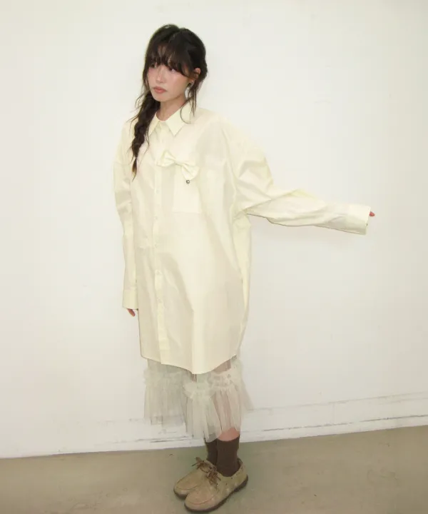 RIBBON PIN SET SHIRT DRESS BUTTER