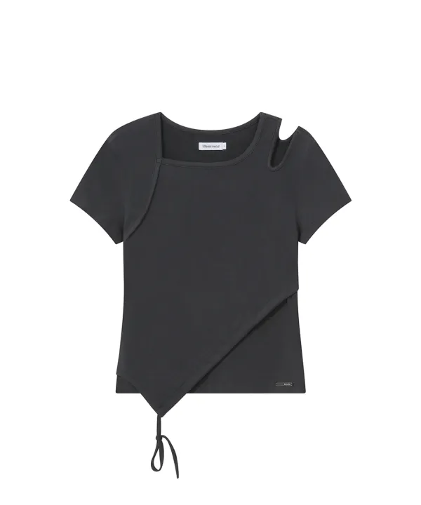 Cutout shirring layered shortsleeve CHARCOAL
