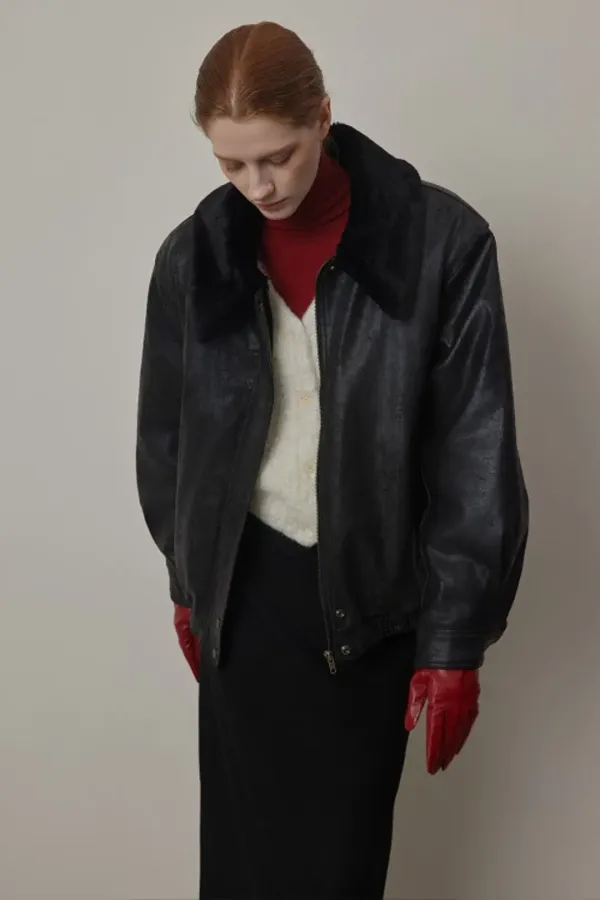 Mink Eco-fur Collared Quilting Leather Jacket_Jumper