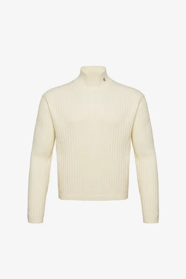 LOGO RIBBED HIGH NECK KNIT TOP - CREAM