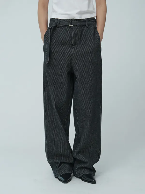 [REFURB] VITESSE Curved Semi-Wide Buckle-Belted Denim Pants_Gray Stripe
