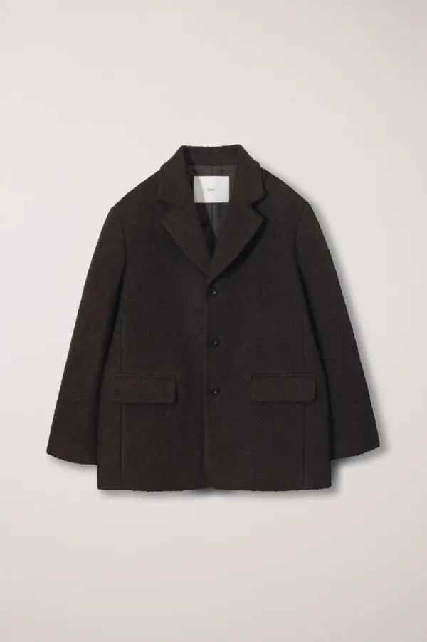 UNISEX 3 BUTTON BOUCLE WOOL JACKET DARK BROWN
