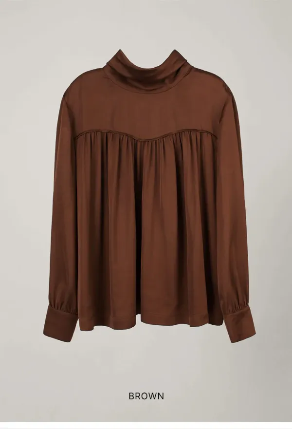 SATIN TIED SHIRRING BLOUSE_BROWN