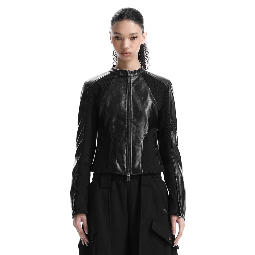 트리밍버드 Rib Pannel Slim Fit Leather Jacket [ Black ] 상품 이미지 1