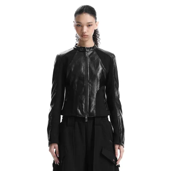 Rib Pannel Slim Fit Leather Jacket [ Black ]