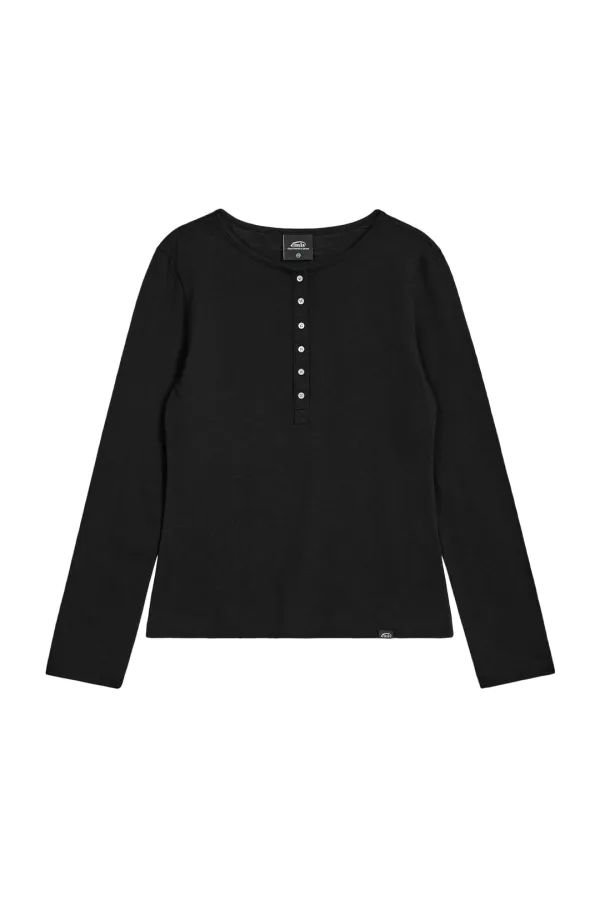 (W) SUMMER SLUB HENLEY NECK T-SHIRT-BLACK