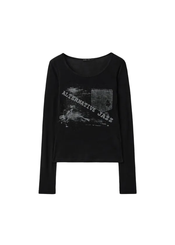 JAZZ PRINTED TOP, BLACK
