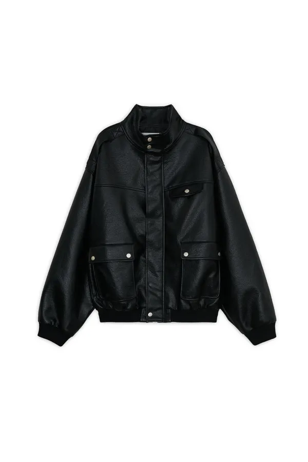FAUX LEATHER HIGH NECK JUMPER, BLACK