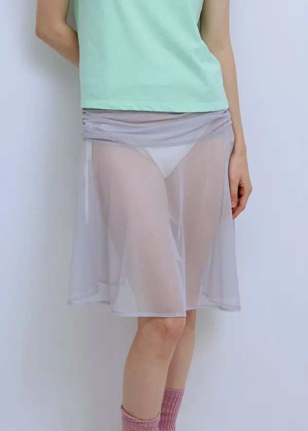 Solid Mesh Shirring Skirt_Grey