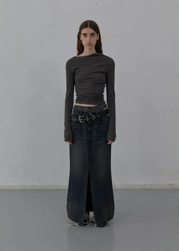 DENIM LONG SKIRT (DARK BLUE)