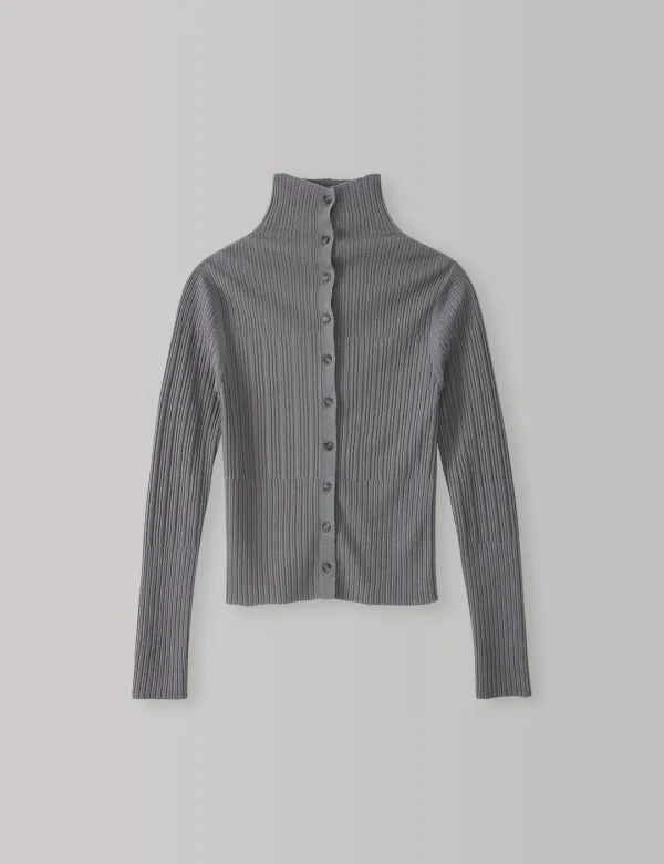 Ribbed High Neck Cardigan (Blue Grey)