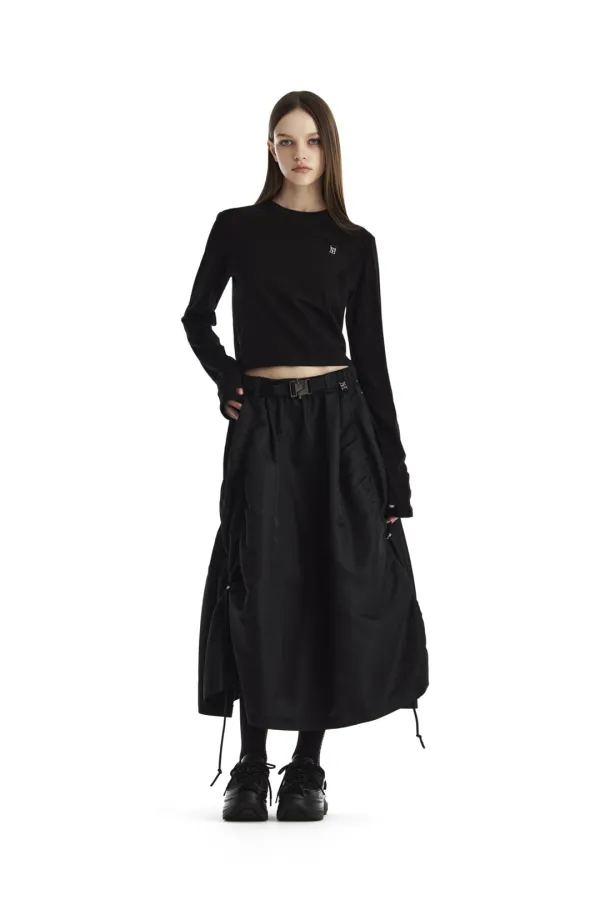 Drawstring Nylon Flared Set-Up Skirt [ Black ]