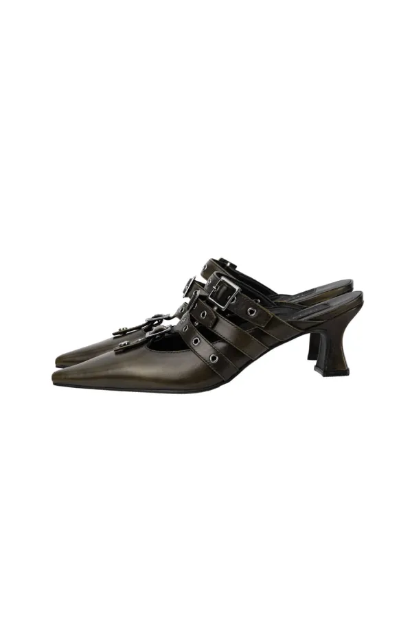 Eyelet Buckle Mules [ Brown ]