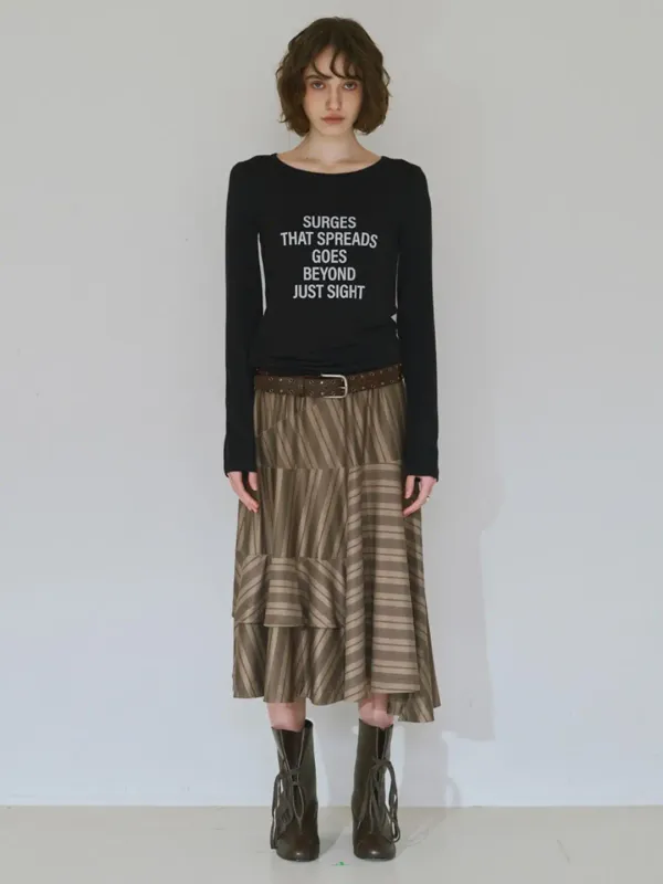 Asymmetric Striped Midi Skirt [Khaki Brown]