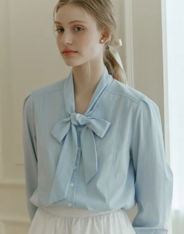 V-neck Tie Blouse - Sky Blue