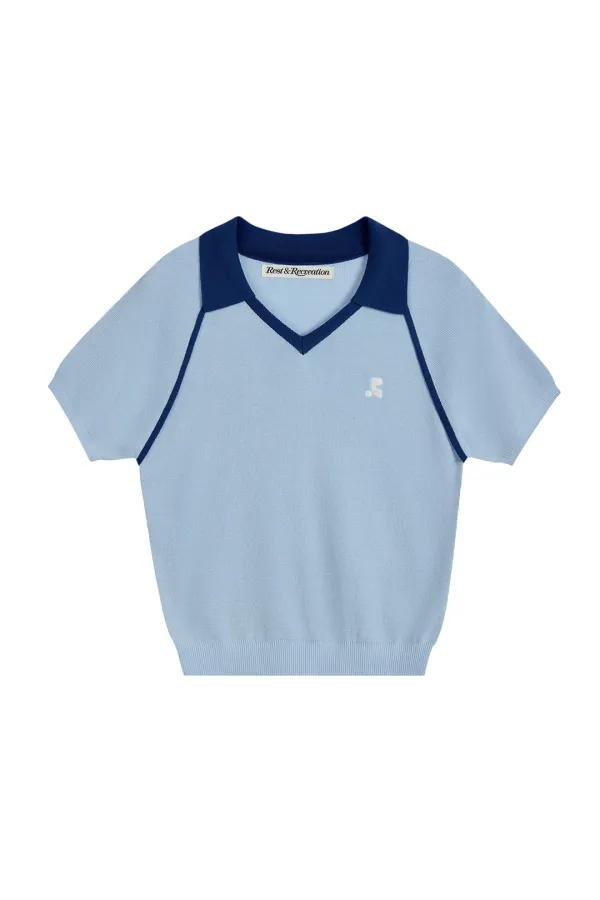 V-NECK COLLAR KNIT TOP - SKY BLUE