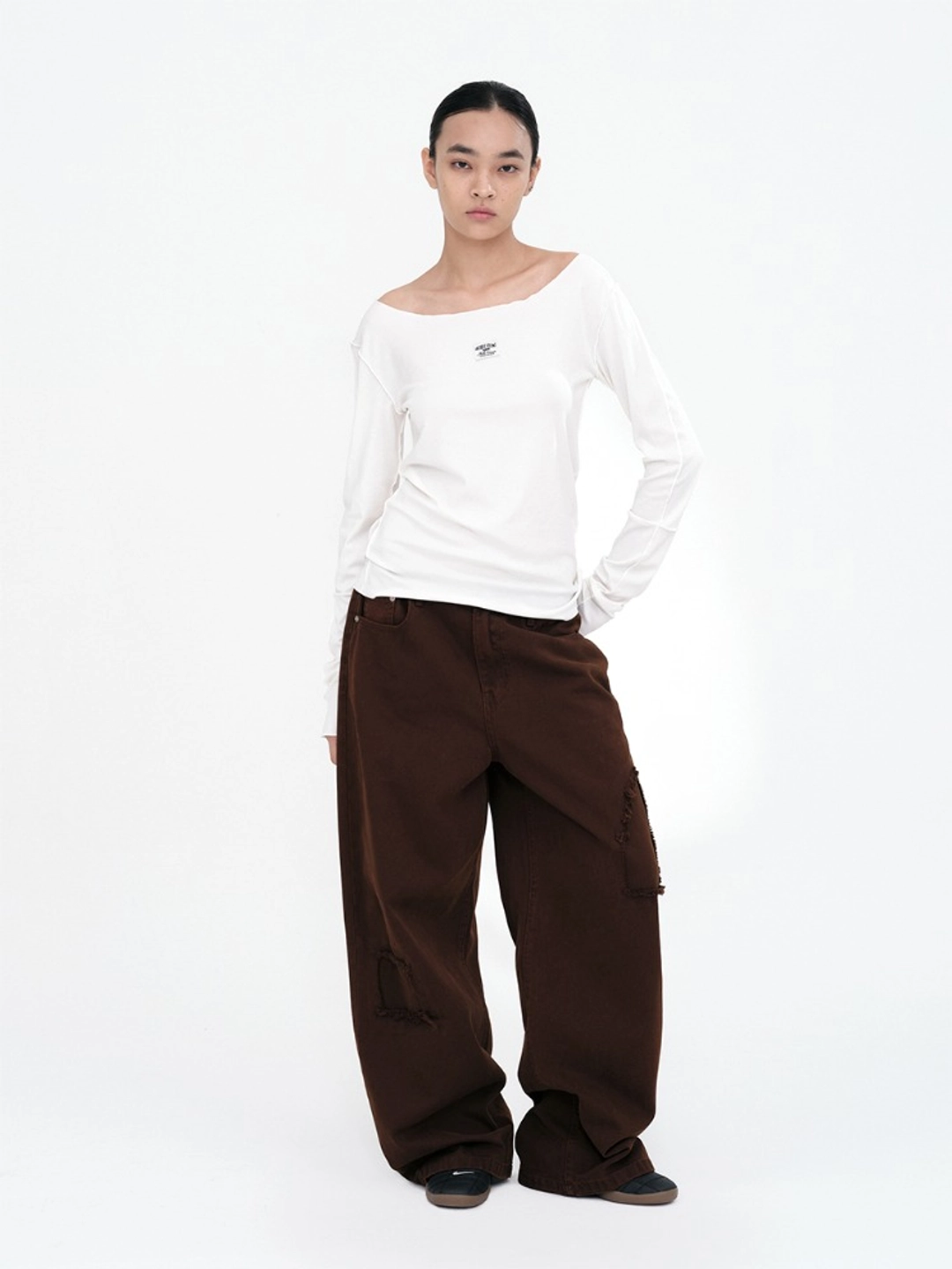 밀로 우먼 Cut Out Patch Wide Jeans [Washed Brown] 상품 이미지 2
