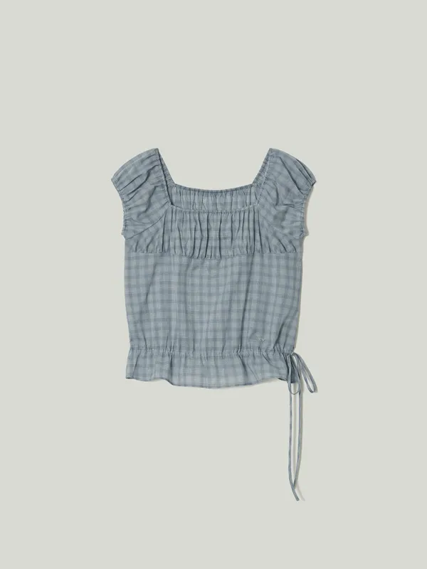 Puff Sleeve Blouson Blouse Sky Blue Check
