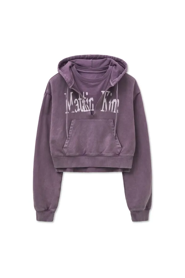 WASHED LAYERED CROP HOODY IN PURPLE