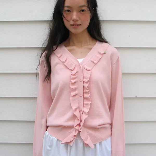 SIDE RUFFLE V NECK KNIT CARDIGAN SOFT PINK