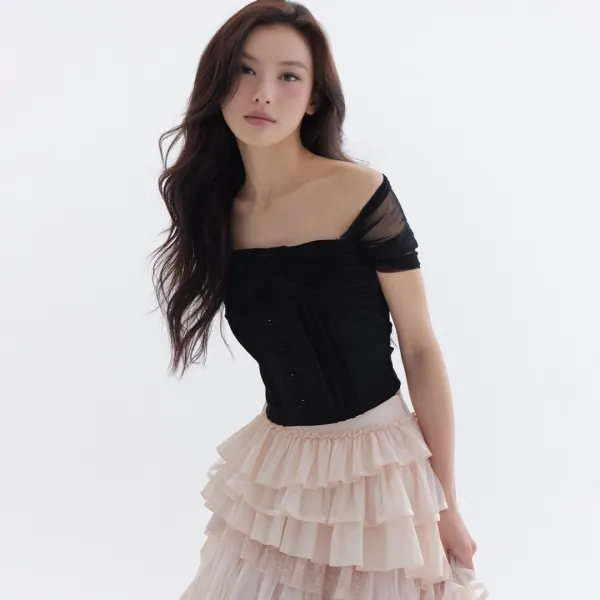Rosee Mesh Pintuck Bolero T-Shirt (Black)